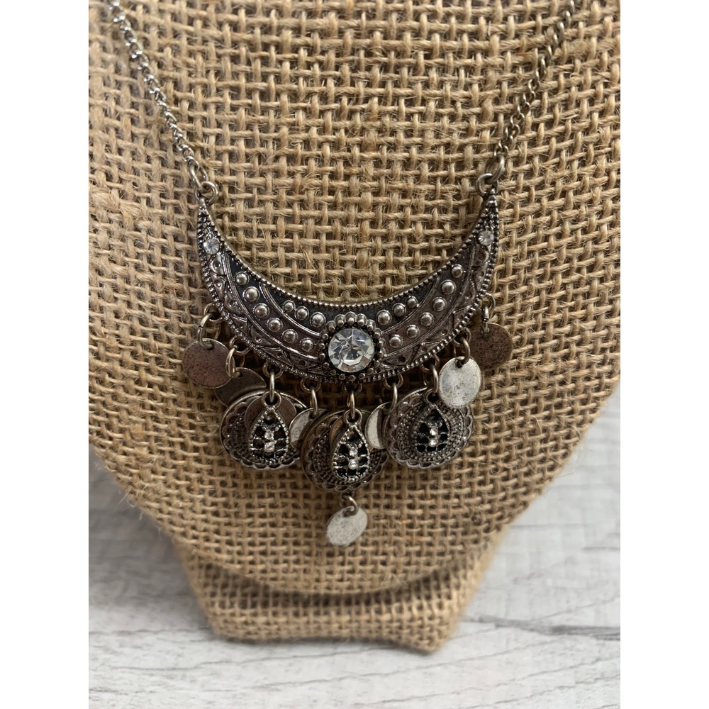 Boho Silver Tone Crescent Moon Bib‎ Necklace Rhinestone Filigree Coin Charms 30"